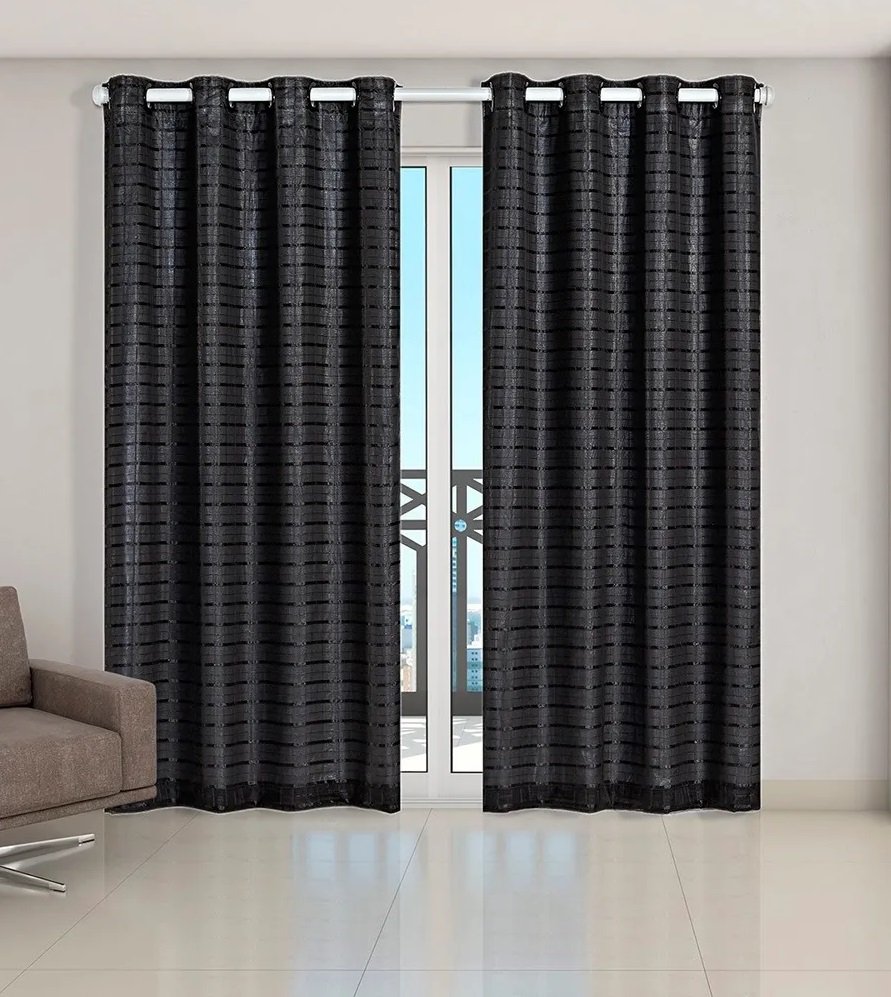 cortina quarto voal xadrez preto com forro preto 4,00x2,50 - 1