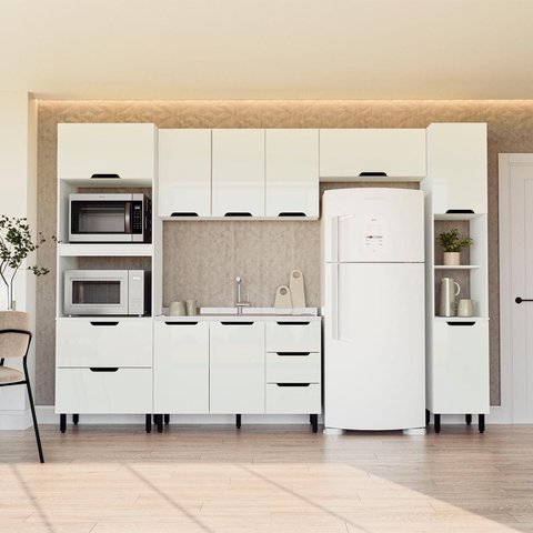 Cozinha Meena 5 Peças 310x224,5cm Armários Aéreos Torre Quente Paneleiro Balcão Branco 250056