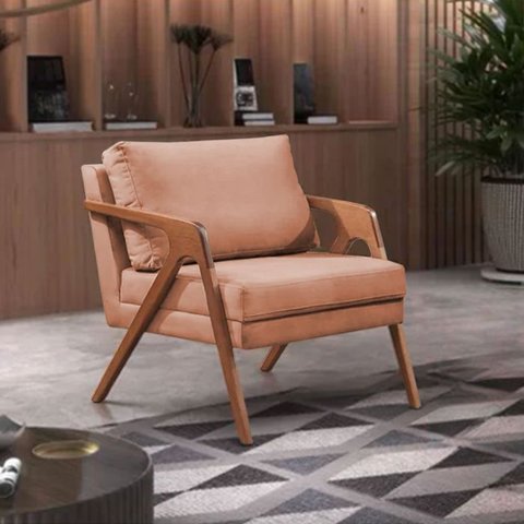 Kit 2 Poltronas Decorativa Mona Luxo Linho Terracota Base Madeira Maciça