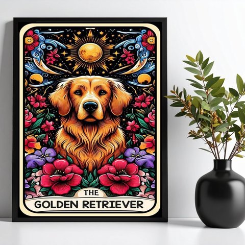 Quadro Carta Tarot - The Golden Retriever 24x18cm - com Vidro:moldura Preta