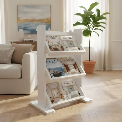 Revisteiro de Piso Chão Porta Revistas Livros Jornal Branco Laca