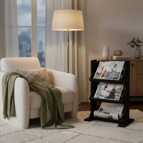 Revisteiro de Piso Chão Porta Revistas Livros Jornal Preto Laca