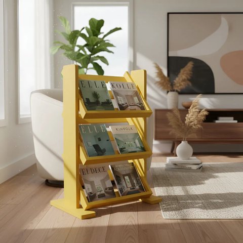 Revisteiro de Piso Chão Porta Revistas Livros Jornal Amarelo Laca