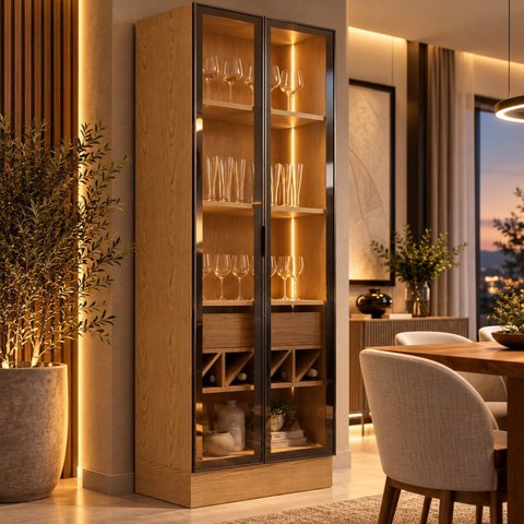 Cristaleira Multiuso com Adega , Gaveta e com LED e Vidro Reflecta 100% MDF Cinamomo