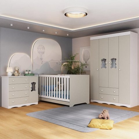 Quarto de Bebê Completo com Berço Americano 3 em 1 Doçura Multimóveis Mp4646 Branco/off White
