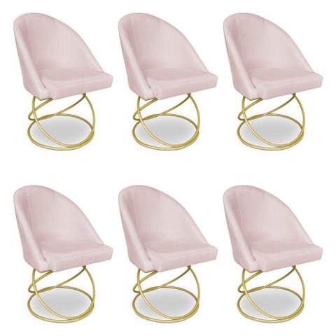 Kit 06 Cadeiras Poltrona de Jantar Bela Suede Base Metálica Luxo Dourado - Pallazio
