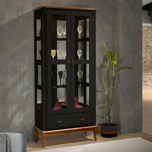 Cristaleira com Espelho e Led 2 Portas e Laterais em Vidro 60303el Linz Móveis - Preto/imbuia