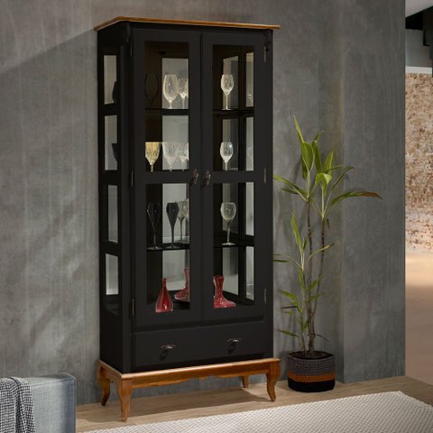 Cristaleira com Espelho e Led 2 Portas e Laterais em Vidro 60303el Linz Móveis - Preto/imbuia