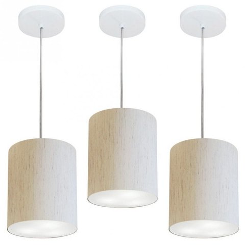 Kit/3 Lustre Pendente Cilindrico Md-4012 Cupula Tecido 18x25cm Linho Bege