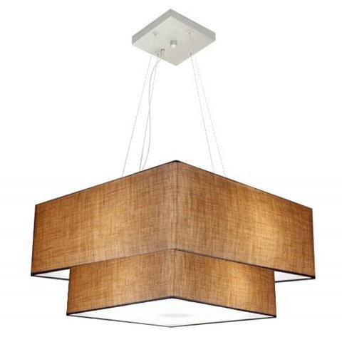 Lustre Pendente Quadrado Duplo Md-4066 Cupula Tecido 25/50x35cm Palha