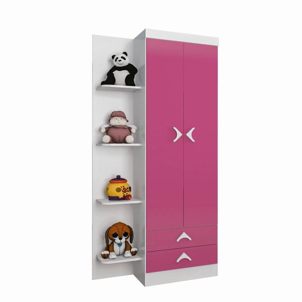 Guarda Roupa Infantil Armário Roupeiro Quarto 2 Portas 2 Gavetas 5 Prateleiras Rosa e Branco