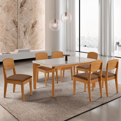 Conjunto Sala de Jantar Mesa Dublin Tampo MDF 180cm Canto Copo com Vidro e 6 Cadeira Cleo Yescasa Marrom/Marromle/Off White/Serig