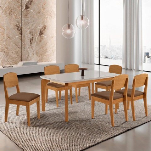 Conjunto Sala de Jantar Mesa Dublin Tampo MDF 180cm Canto Copo com Vidro e 6 Cad Cleo Yescasa