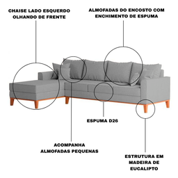 Sofá 4 Lugares Beny com Chaise Esquerdo Linho Cinza - 4