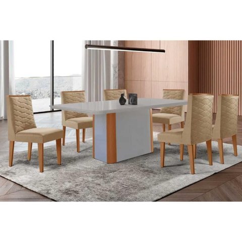 Sala de Jantar Completa Pietá C/ Tampo Madeirado C/ Vidro Canto Curvo 180x90cm e 6 Cadeiras Dafne