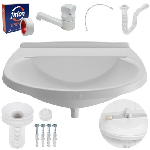 Pia Lavatório Banheiro 8L + Torneira Branca + Sifão Universal Sanfonado + Engate Flexível + Fita Ved