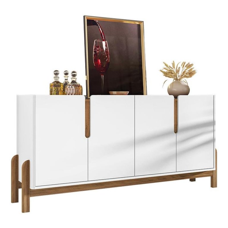 Aparador Buffet Sala Lizz 170cm com Pés de Madeira Maciça Branco/cedro