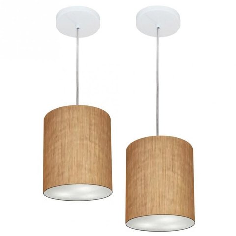 Kit/2 Lustre Pendente Cilindrico Md-4012 Cupula Tecido 18x25cm Palha
