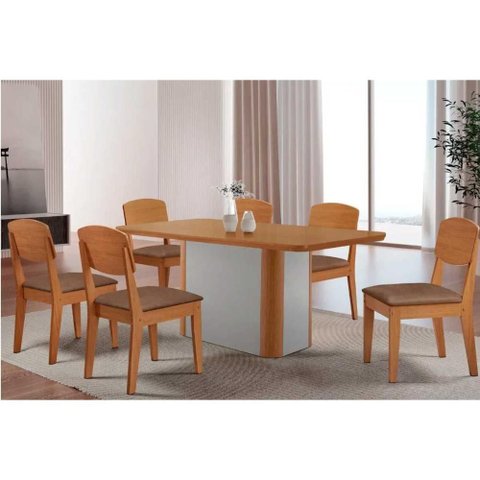 Sala de Jantar Completa Pietá C/ Tampo Madeirado Canto Curvo 180x90cm e 6 Cadeiras Havana Naturale/