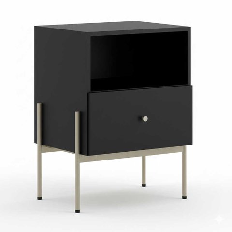 Mesa de Cabeceira 1 Gaveta Base Aço Carbono Premium Modelo Eros Base Cor Champanhe e Preto Laca