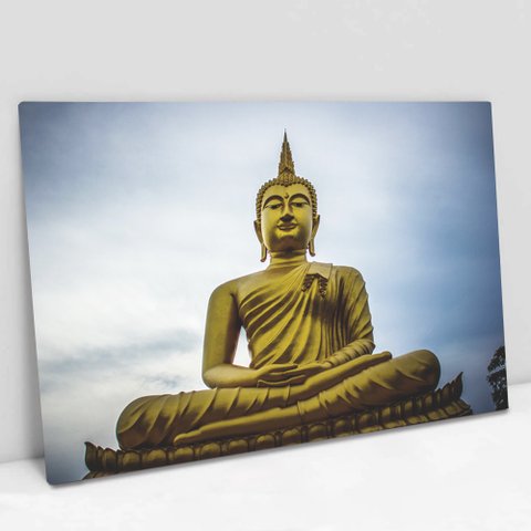 Quadro Decorativo em Canvas Buda Meditativo - Moldura Madeira - 90 x 60cm