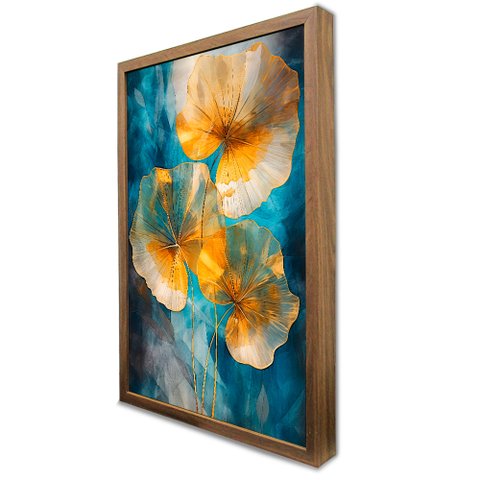Quadro Decorativo Caixa Floral Luxo Flores Amarela e Azul Tacolado Moldura Caixa 3cm Madeira com Vid
