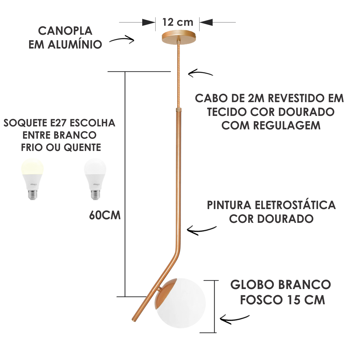 KIT 2 PENDENTE INCLINADO GLOBO 15 JABUTICABA DOURADO BQ - 2