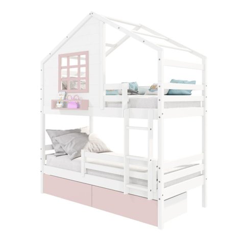 Beliche Casinha com Janela 02 Gavetas Rosa e Grade de Proteção Madeira Maciça Branco/ Rosa Housin