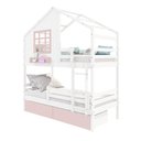 Ver imagem 1 de Beliche Casinha com Janela 02 Gavetas Rosa e Grade de Proteção Madeira Maciça Branco/ Rosa Housin