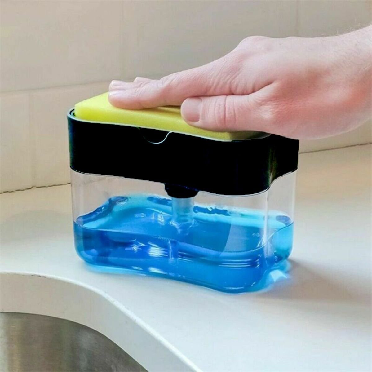 Dispenser Dosador de Detergente Sabão 2x1 Esponja Limpeza Cozinha com Dosador Cor:azul - 3