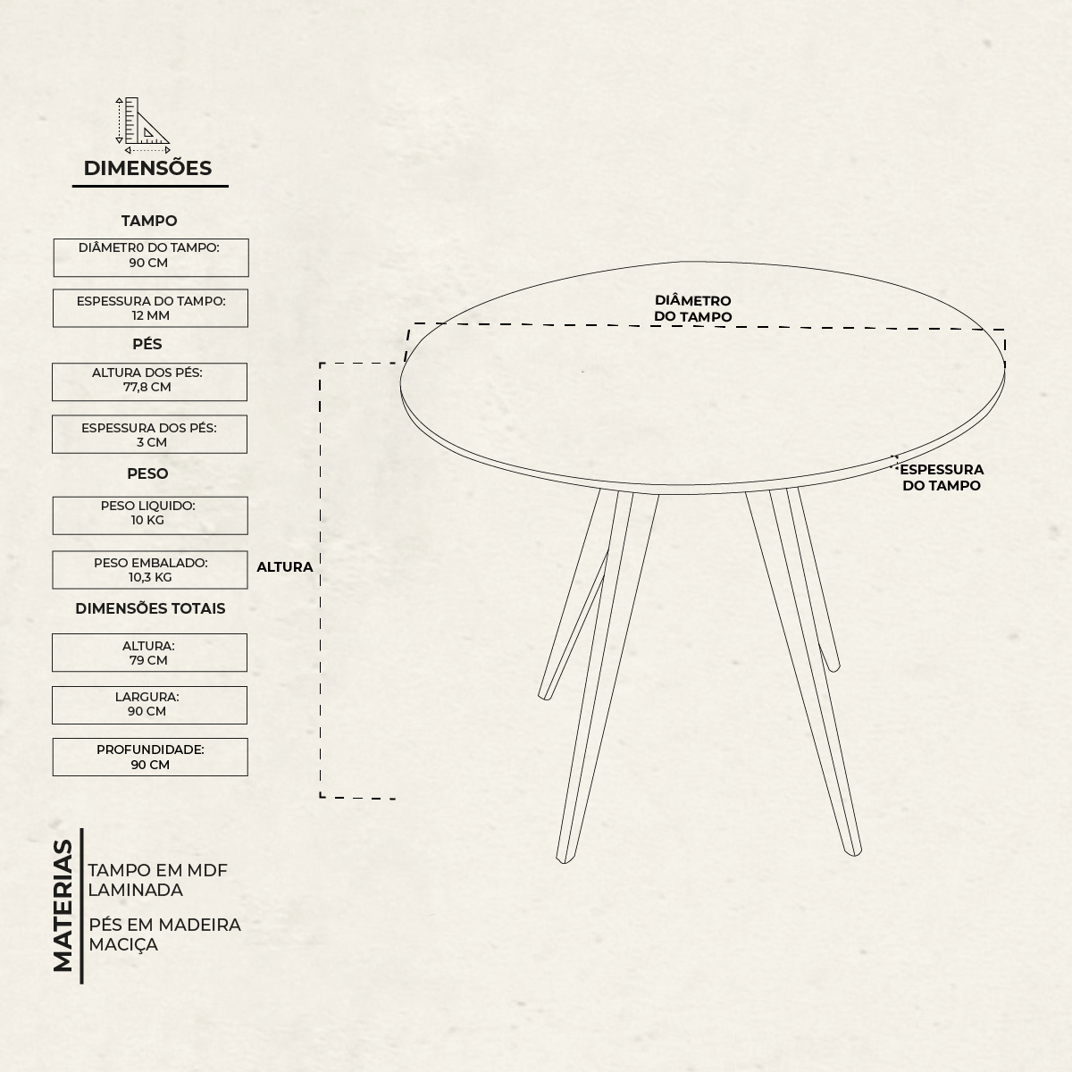 Mesa de Jantar Redonda Base Triedge em Madeira Maciça - 90 Cm - Mel - 3