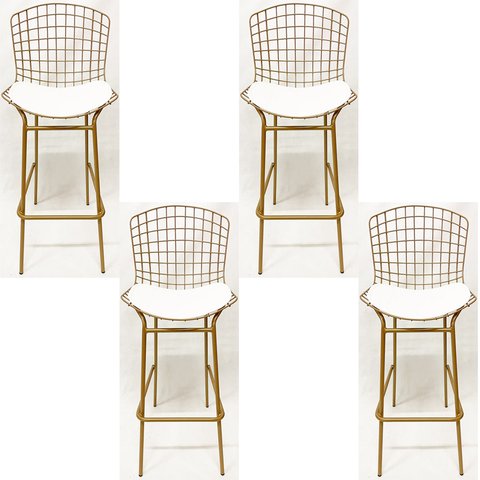 Kit 4 Banquetas BERTÓIA dourado fosco assento branco tubular altura 70cm - Poltronas do Sul