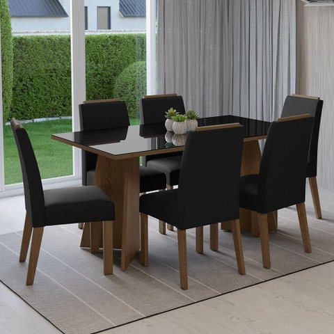 Conjunto Sala de Jantar Tampo de Vidro 6 Cadeiras Rustic/preto/oxford Madrid Madesa