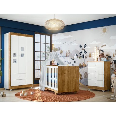Quarto de Bebê com Berço Minicama com Colchão Cômoda e Guarda-Roupa 3 Portas Life Tigus Baby - Branc
