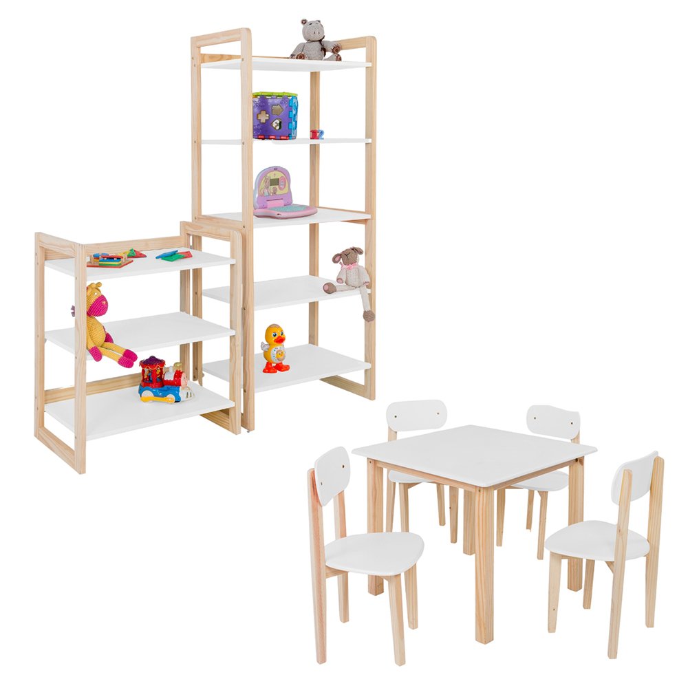 Conjunto Colorê Estante 75cm + Estante 150cm + Mesa Infantil com 4 Cadeiras - Branco - 2