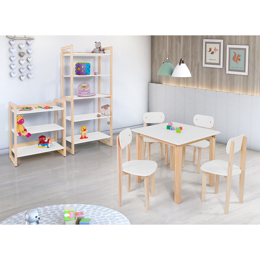 Conjunto Colorê Estante 75cm + Estante 150cm + Mesa Infantil com 4 Cadeiras - Branco - 1