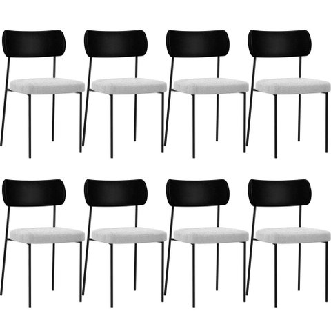 Kit 08 Cadeiras Estofadas para Sala de Jantar Melina L02 Couríssimo Preto Bouclê Cinza - Lyam Decor