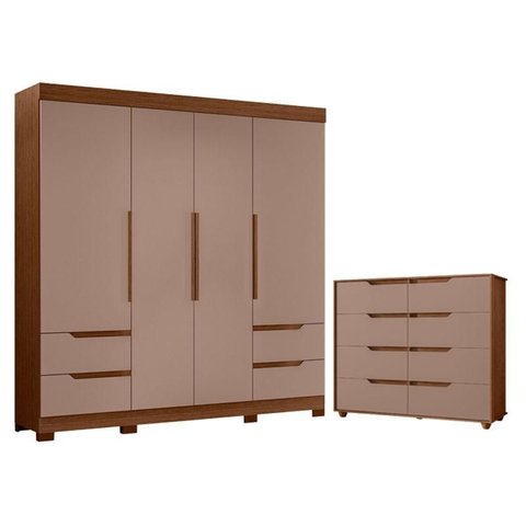 Guarda Roupa Solteiro Vivacce 04 Portas e Cômoda Doble Flex Nogueira Capuccino - Móveis Albatroz