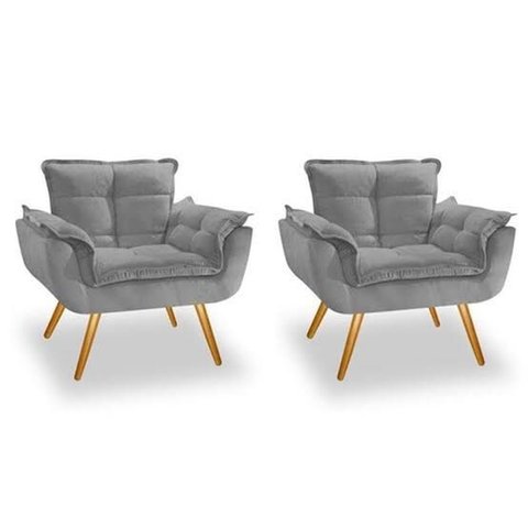 Kit 02 Poltronas Opala Suede Cinza Pés Palito