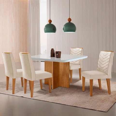 Sala de Jantar Mesa 90cm Olímpia em Mdf com Vidro Canto Copo 4 Cadeiras Liz Moderna Mobilia