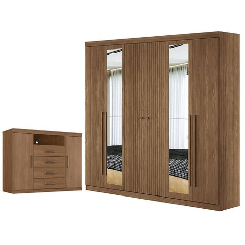 Guarda Roupa Casal Ripado 6 Portas Buriti com Espelho e Cômoda Havana Master Jatobá Acetinado - Sant