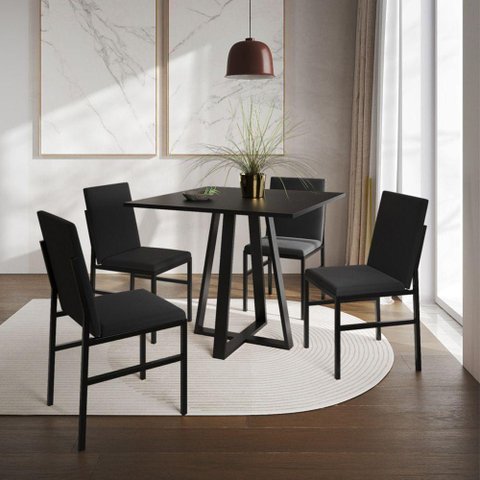 Conjunto de Jantar Mesa Mônaco 90cm Tampo Preto com 4 Cadeiras Estofadas Preto