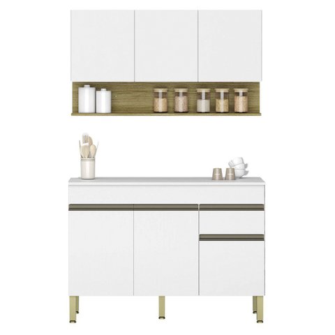Armário de Cozinha e Balcão com Tampo 120cm Lina K02 Supremo/Freijó - Mpozenato