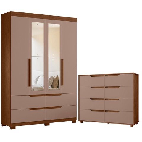 Guarda Roupa Solteiro Doble 04 Portas com Espelho e Cômoda Doble Flex Nogueira Capuccino - Móveis