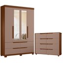 Ver imagem 1 de Guarda Roupa Solteiro Doble 04 Portas com Espelho e Cômoda Doble Flex Nogueira Capuccino - Móveis