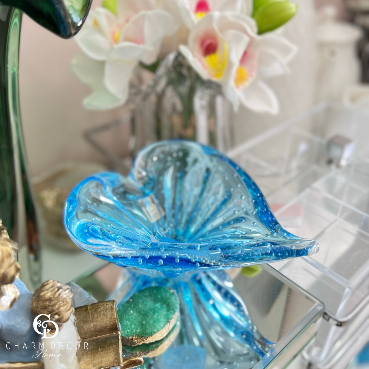 Porta Jóias de Cristal Murano Em Formato de Coração 6,5x13,5cm Azul - 3