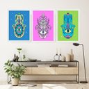 Ver imagem 2 de Kit 3 Quadros Esotéricos Olhos Gregos Hamsa 24x18cm - com Vidro:moldura Branca