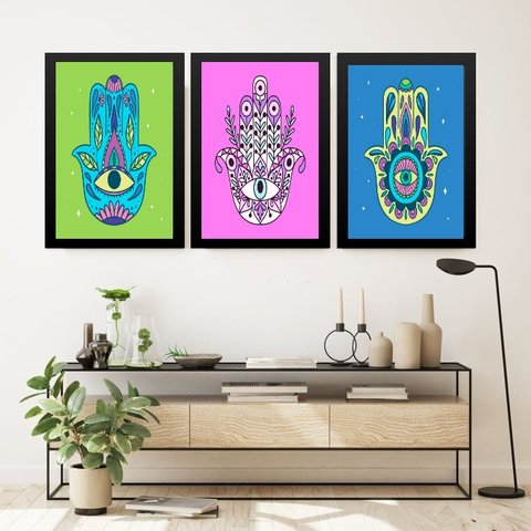 Kit 3 Quadros Esotéricos Olhos Gregos Hamsa 24x18cm - com Vidro:moldura Branca