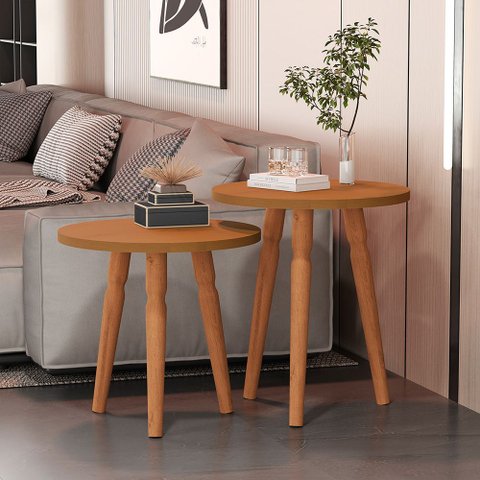 Conjunto Kit Mesa de Cabeceira Redonda Canto Apoio Cama Quarto Atalanta Nature