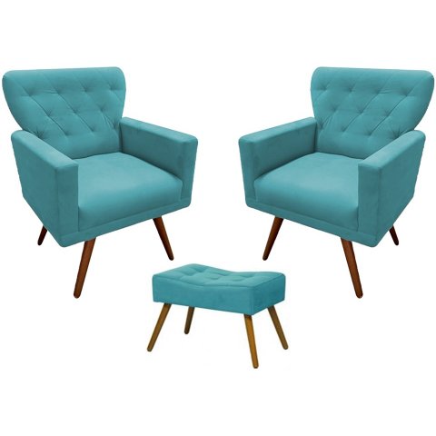 Kit 2 Poltronas Decorativa Aurora + 1 Puff Retangular Suede Azul Tifany Pés Madeira Mz Decor